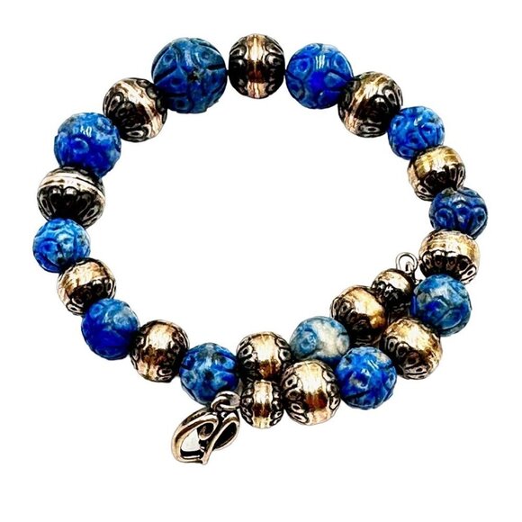 Carolyn Pollack Sterling Silver Bench Bead Carved Denim Lapis Coil Bracelet - Picture 1 of 3